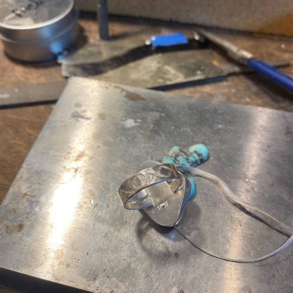 Handmade Ring Stamped Sterling Silver Silicated Chrysocolla/Malachite gem silica - Picture 8 of 9